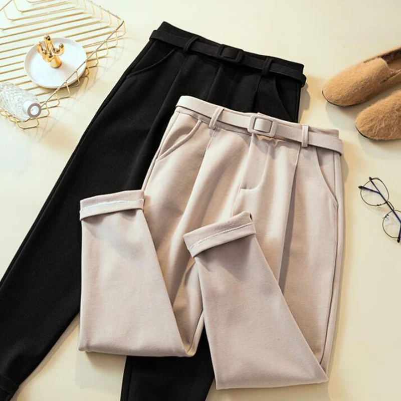 Корейские осенние зимние шерстяные брюки женские с высокой талией поясом
