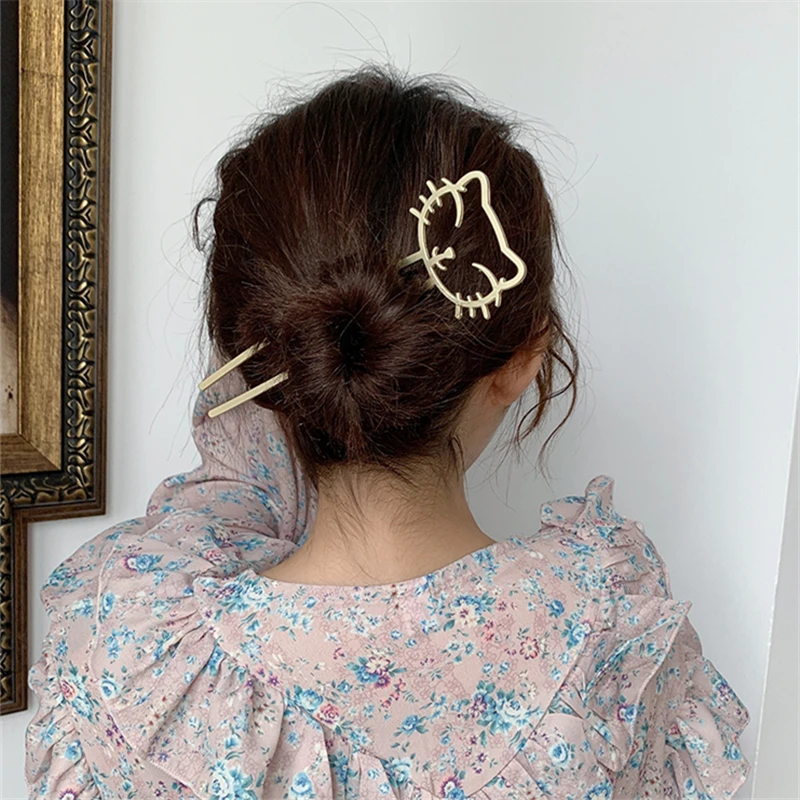 AOMU 2021 Cute Gold Silver Color Metal Smile Cat Hair Sticks Simple Retro Smooth Matte Hollow Hairpin for Women Fashion Jewelry | Украшения