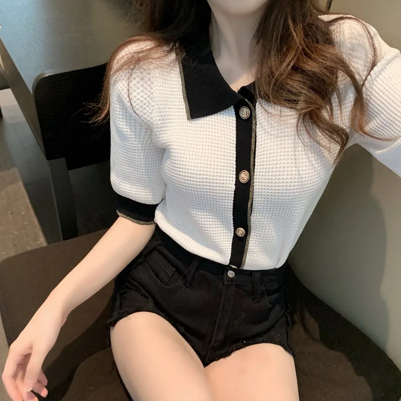 2020 Модные женские летние рубашки поло Вязаные Рубашки с коротким