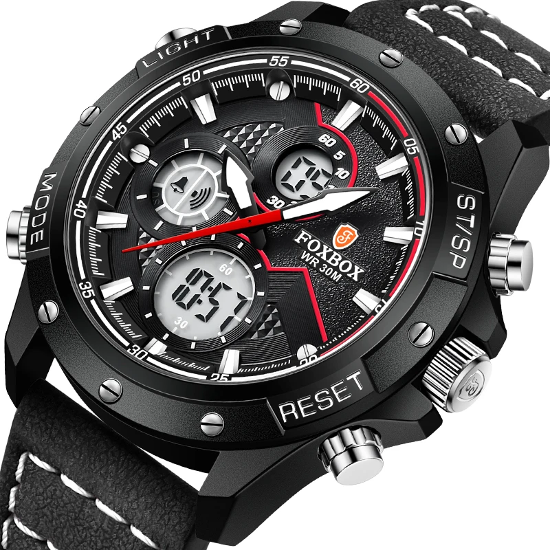 2021 Men Watch FOXBOX Top Brand Luxury Dual Display Leather Sport Watches For Men Waterproof Luminous Quartz Electronic Watch