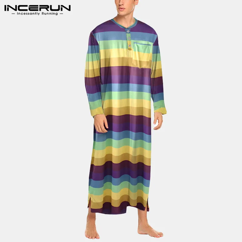 

Модные красочные полосатые банные халаты INCERUN с длинным рукавом и круглым вырезом, одежда для сна, Мужская Ночная рубашка на пуговицах для о...