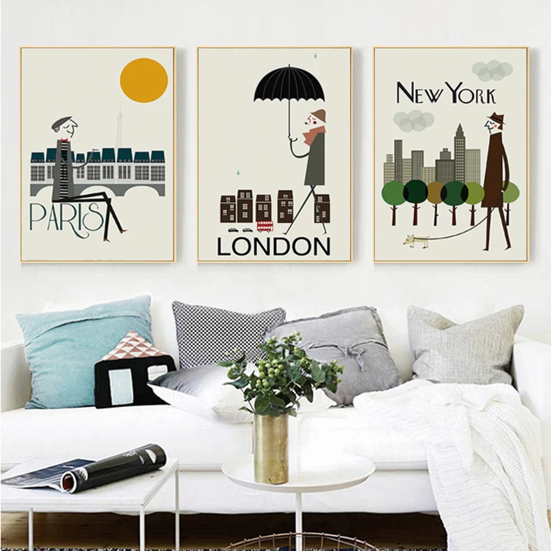 

Paris London New York City Cartoon Landscape Canvas Paintings Modular Pictures Wall Art Canvas for Living Room Decoration