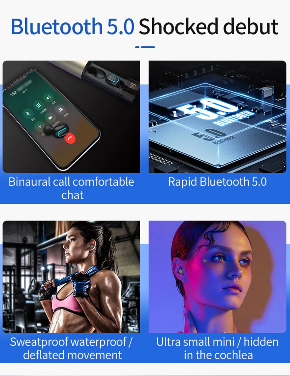 Беспроводные наушники 3D стерео мини Bluetooth 5 0 с двойным микрофоном спортивные