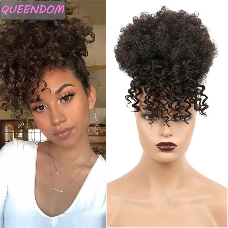 

Afro Kinky Curly Drawstring Puff Ponytail Chignon with Bangs Clip In Pony Tail Ombre Brown Synthetic Hair Bun Brown Gray Blonde