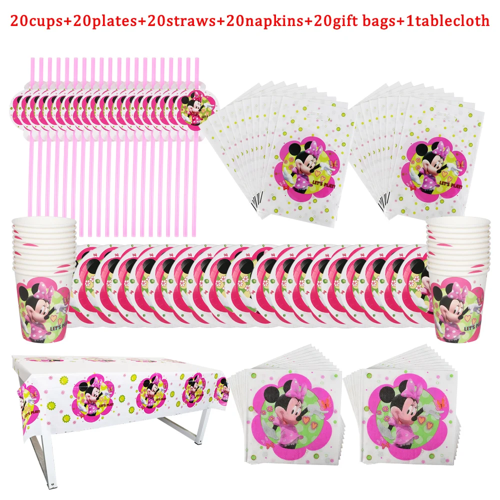 

Disney Minnie Mouse Girls Birthday Party Tablecloth Cups Napkin Plate Straw Disposable Tableware Balloon Decoration Baby Shower