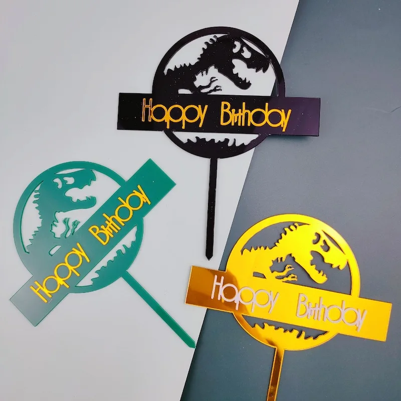

Happy Birthday Cake Toppers Acrylic Dinosaur Cake Topper Flags Birthday Party Dessert Decoration For Kids Party Baking Supplies