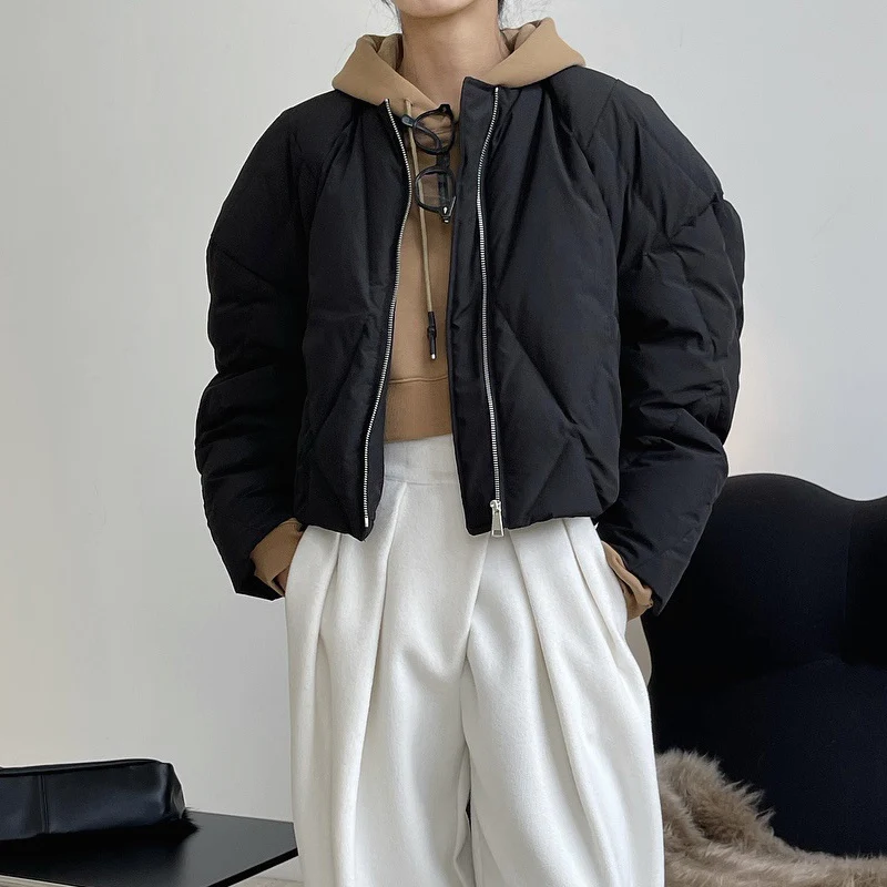 Winter women's casual solid color round neck long sleeve loose cotton coat