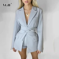 vgh casual black lace up patchwork belt female blazers notched long sleeve korean slim womens jackets spring 2021 fashion style