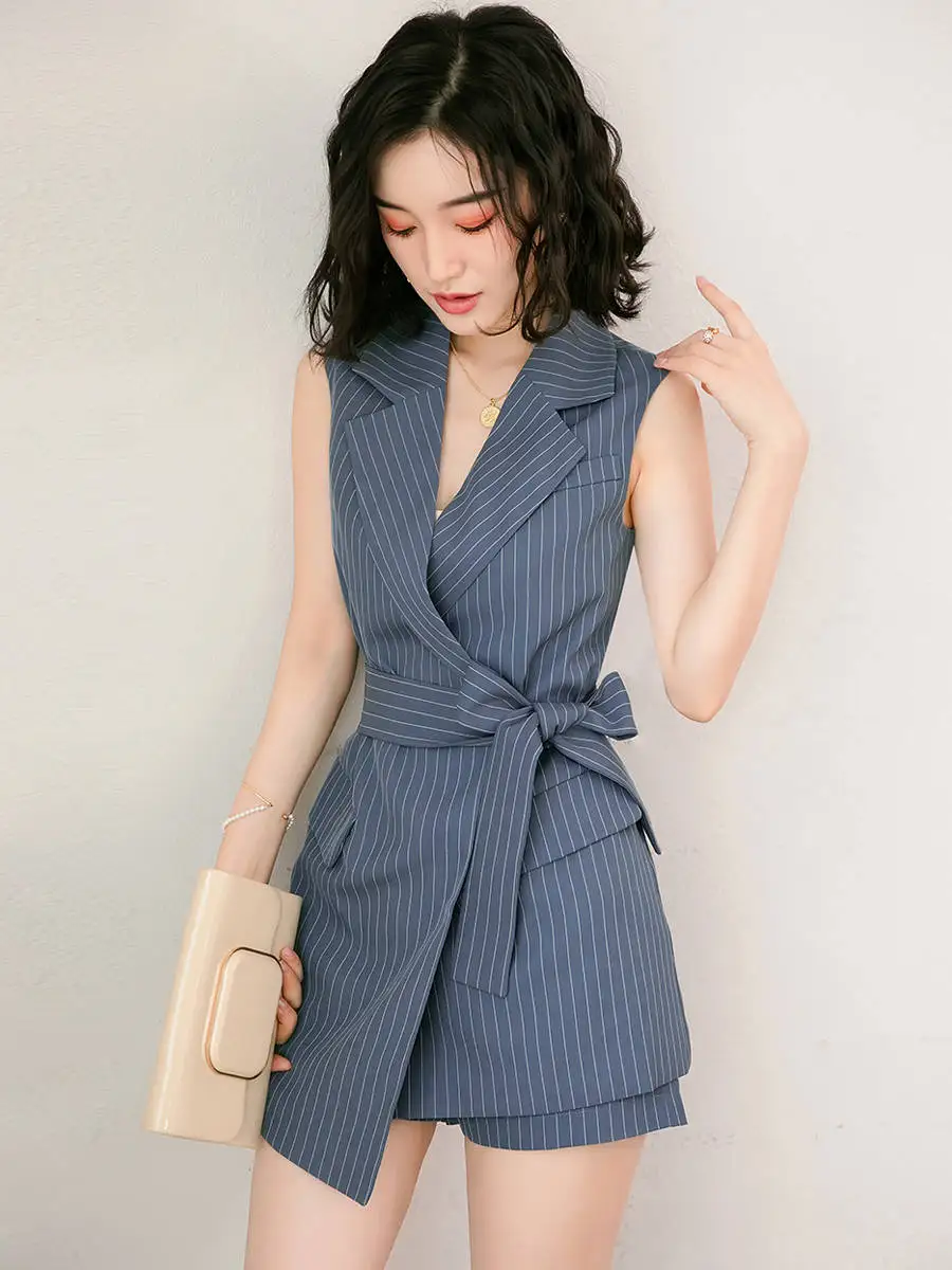 

Elegant sleeveless blazer vest suit Striped sash belt female jacket short set Double breasted spring women sets