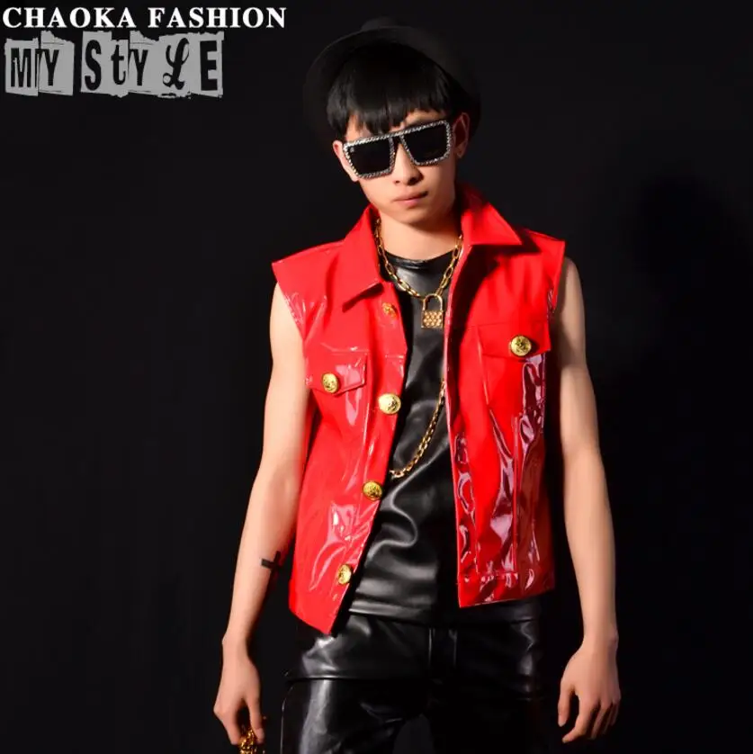 

The Europe And United States Large Size Red Pu Leather Dj Hip-hop Rock Men Singer Vest Stage Nightclub Performance Costume/s-5xl