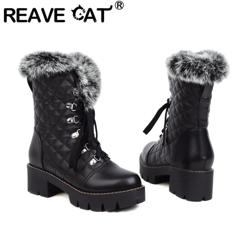 

REAVE CAT Fashion Outdoor Mid-Calf Boots Round Toe Flat Lace-up Splicing Eu Size 34-43 Grid Black White Leisure Winter Fur S2690