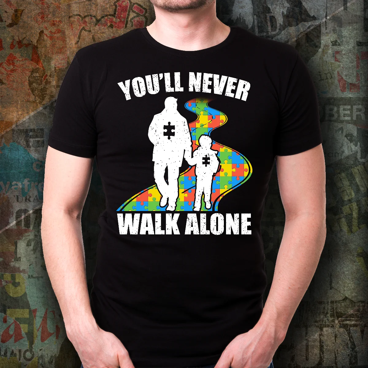 

Belief You'll Never Walk Alone. Dad Autism Awareness T-Shirt. Summer Cotton O-Neck Short Sleeve Mens T Shirt New S-3XL