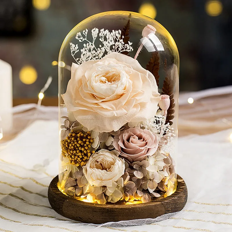 

Artificial Beauty And The Beast Rose Gold Foil Rose Flower LED Light String In Glass Dome On Wooden Base For Valentine's Day Gif