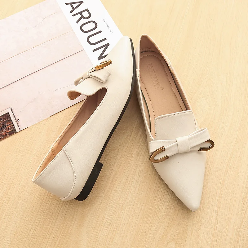 

Shoes Women's Soft Leather 2021 New Women's Shoes Spring and Autumn Tip Bow Casual Bean Shoes