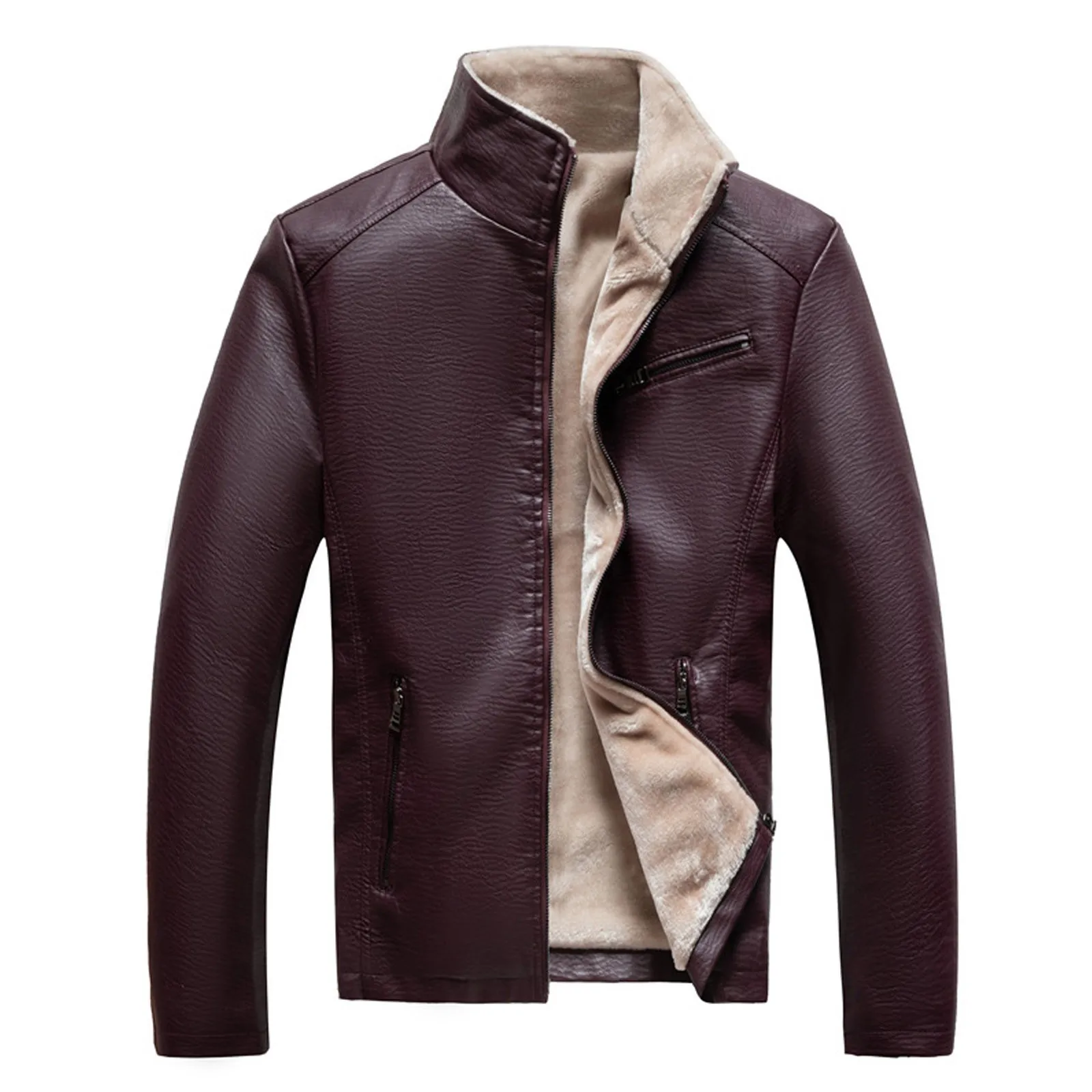 

New Wine Leather Jacket For Men Motorcycle Windproof Soft Heavy Coat For Cold Weather Male Fur Lined Long Sleeve Tops