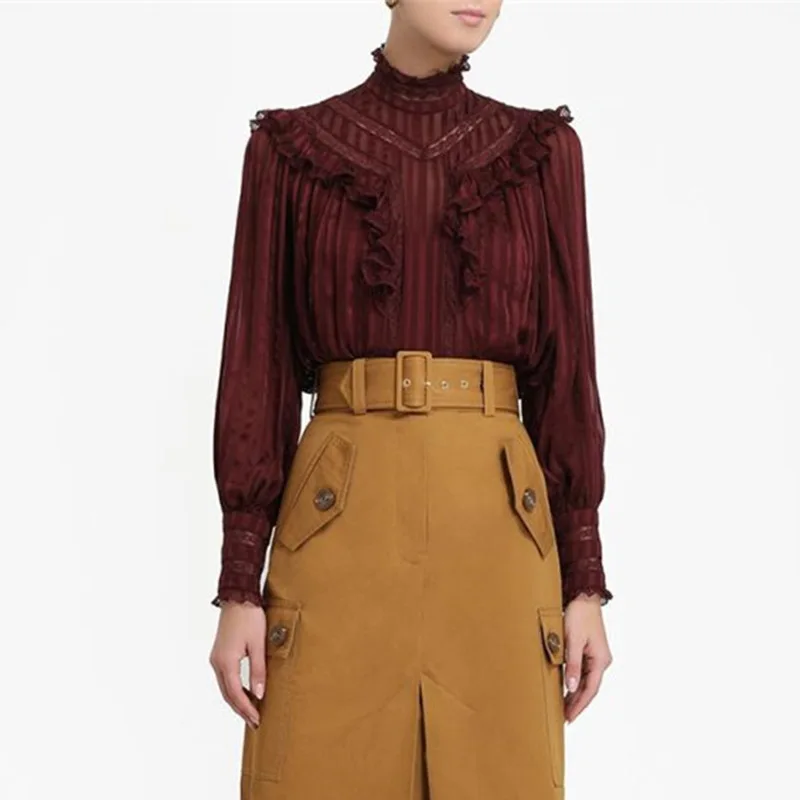 2019 Осенняя винтажная водолазка с оборками кружевная женская блузка однотонная
