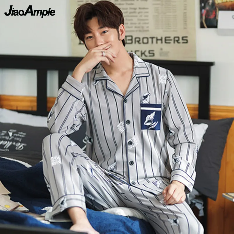 Pajamas Men's Cotton Striped Long-sleeved Trousers Two-piece Pijamas Spring Autumn Loose Homewear Casual Nightie Sleepwear Set