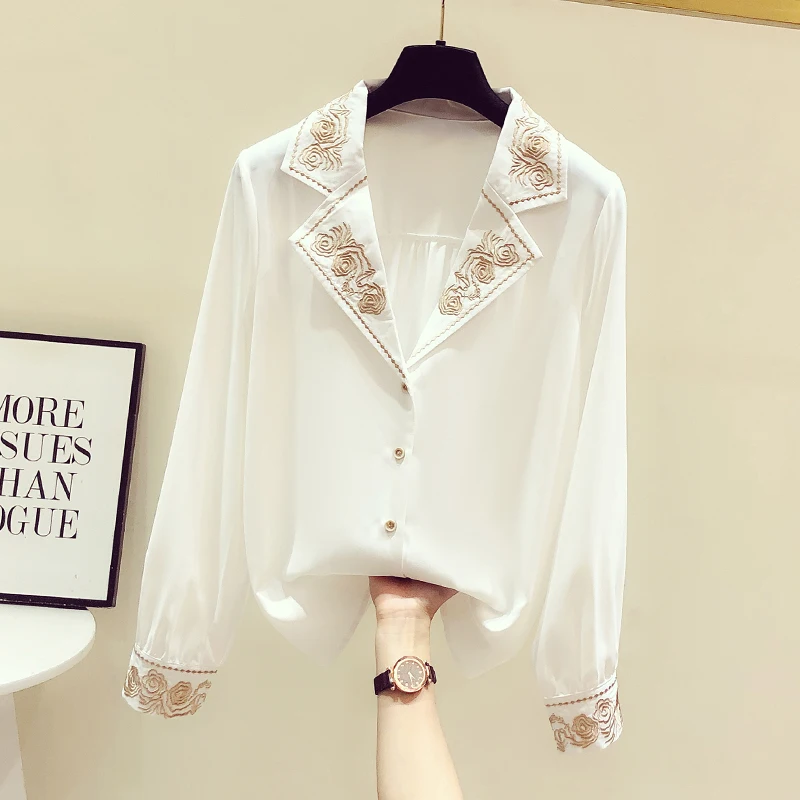 

Женская блузка с вышивкой, в стиле ретро, с воротником, с длинными рукавами, GK538, весна 2021