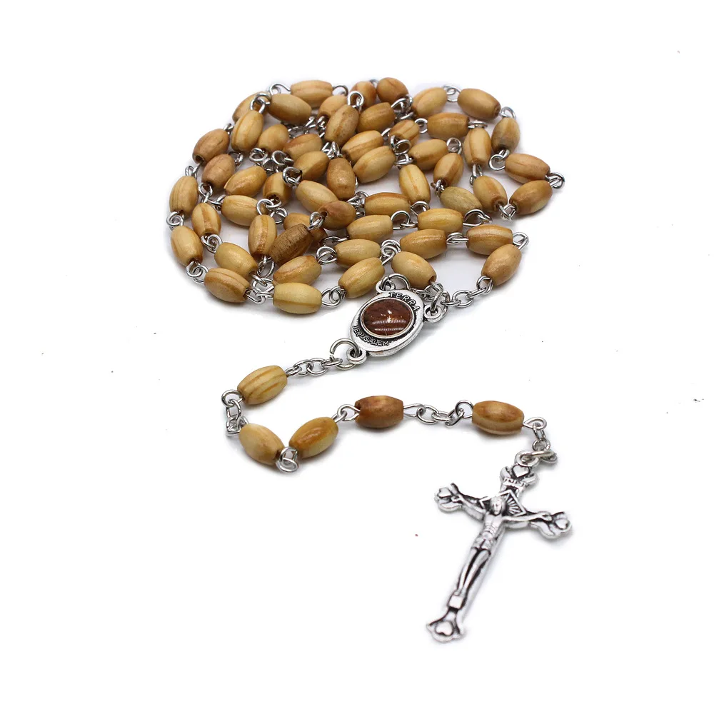 

Wooden rosary cross necklace handmade religious jewelry