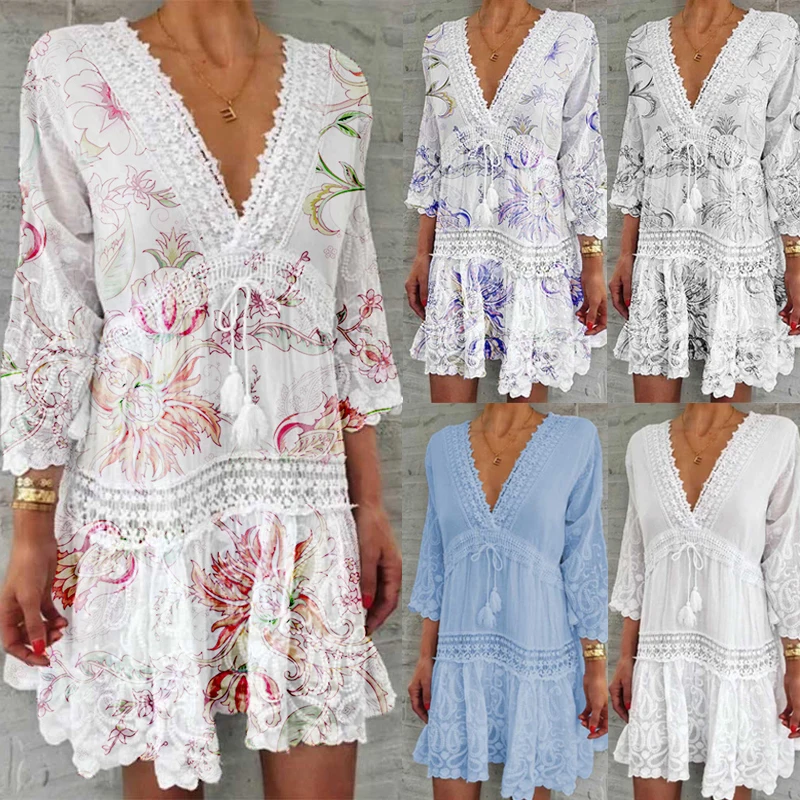 

2021 New Spring Print Women's Dress Sexy V Neck Short Sleeve Dresses for Woman Hollow Summer Sundress Beach Three-Quarter Sleeve