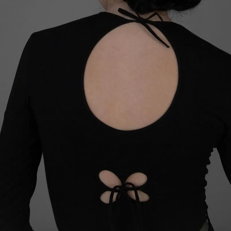 Модная женская футболка с бандажом-бабочкой ажурная женский черный кроп-Топ