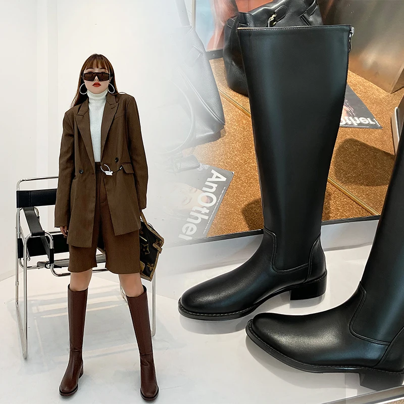

Fashion genuine leather Chunky low Heels Shoes Woman Boots Women Knee High Long Boots back zippers Sexy Party Basic Boots