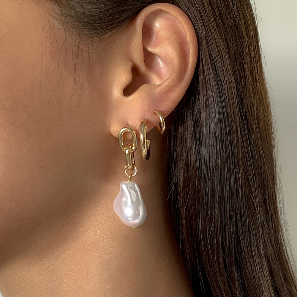 

Lacteo 3Pcs/ Set Bohemian Imitation Pearls Drop Earrings Exaggerated Irregular Baroque Letter C Shape Charm Earrings For Women