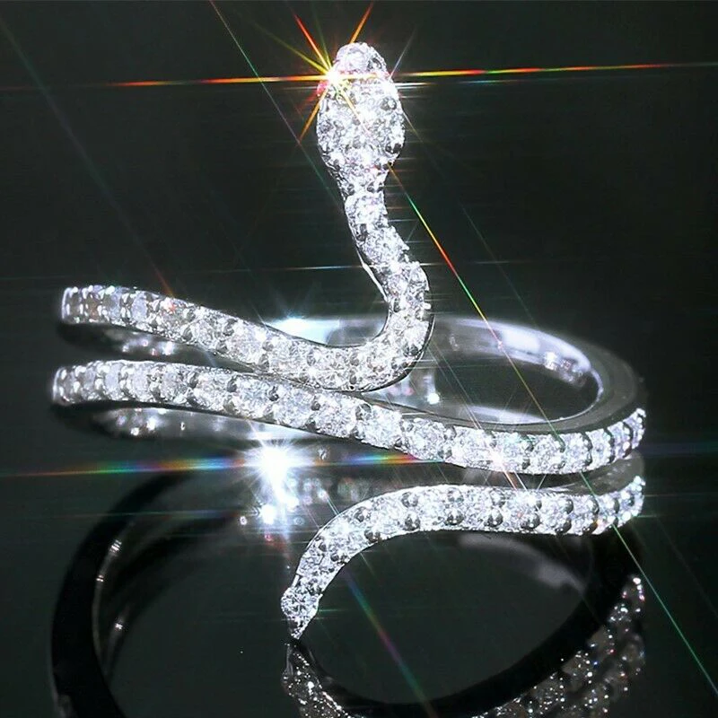 

Fashion Silver Plated Snake Rings Bright Sparkling White Rhinestones Finger for Women Girl Punk Party Jewelry Gift B4P892