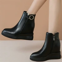 platform creepers women genuine leather wedges high heel riding boots female high top round toe fashion sneakers casual shoes