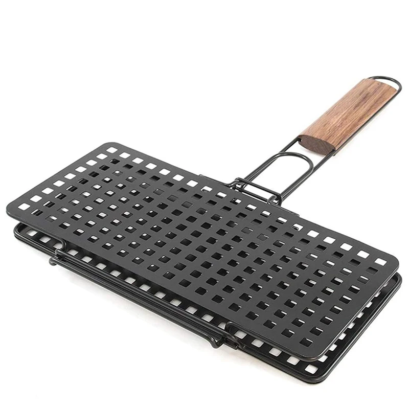 

Portable Nonstick Coating Grilled Cheese Press BBQ Grilling Basket With Wood Handle Meat Burger Clip BBQ Tool Grill Accessories