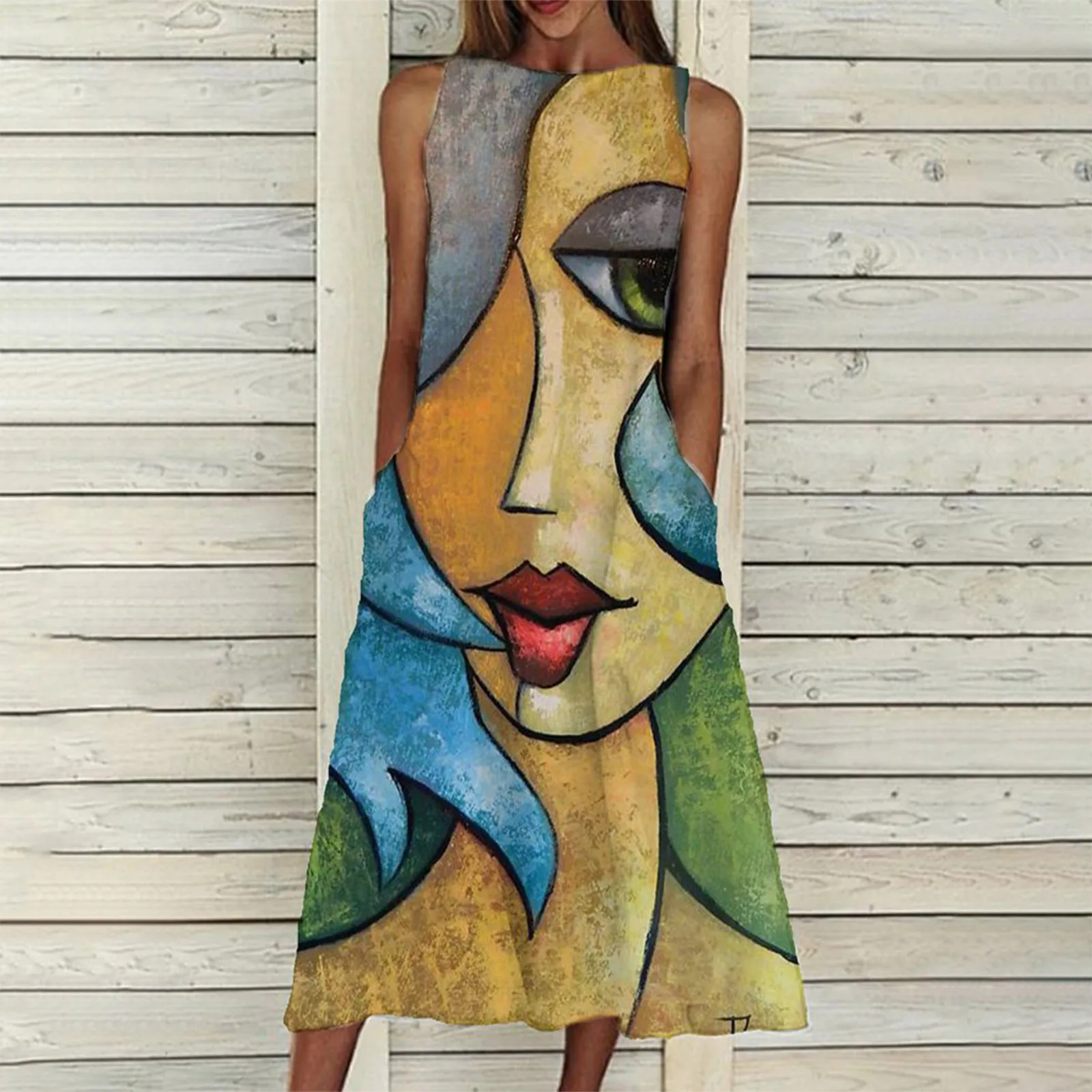 

Dresses Summer Woman 2021 Print Casual Sleeveless O-Neck Loose Ankle-Length Dresses Ladies Plus Size A-Line Dress robe femme