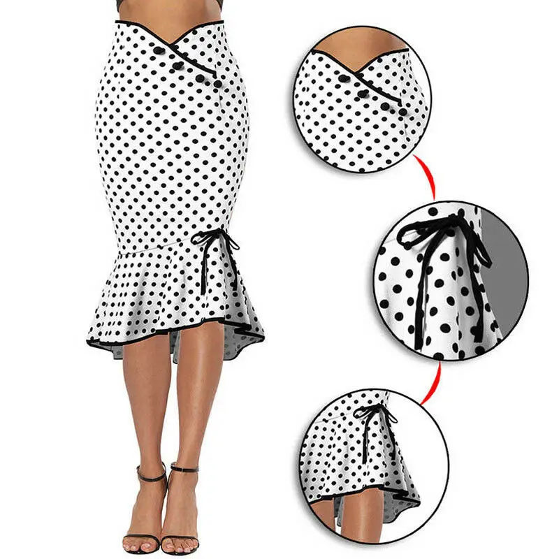 

2019 New Fashion Women Skirt High Waist Lace-Up Dot Maxi Mermaid Ruffle Stretch Casual Skirt