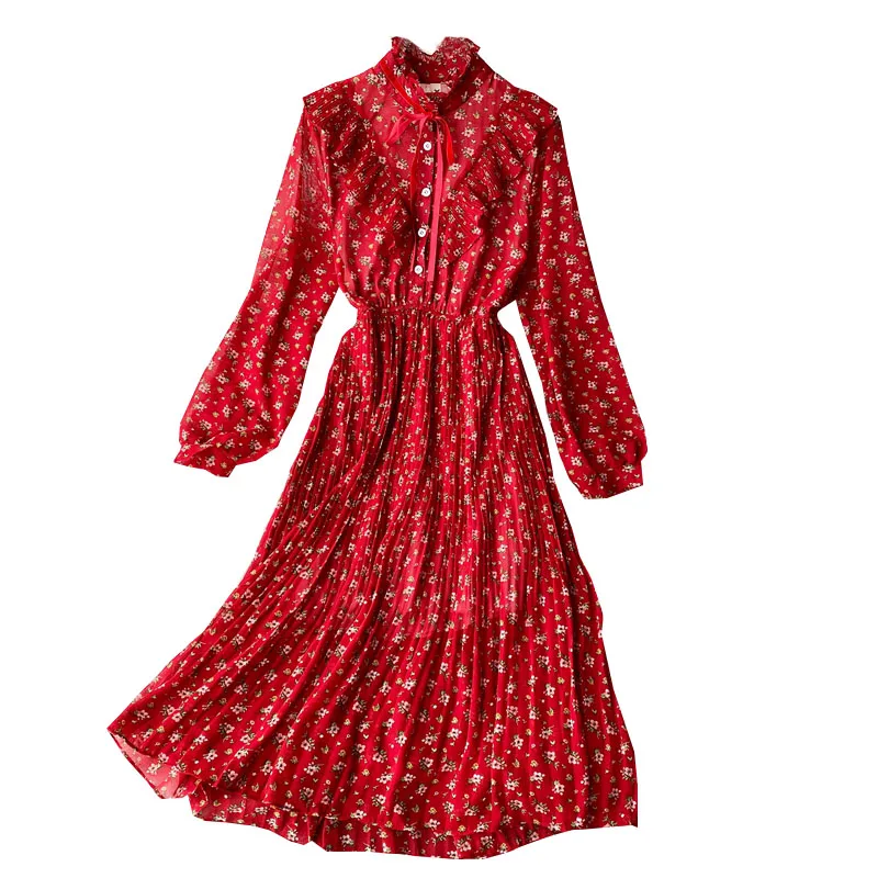 

autumn spring women long sleeve floral chiffon dresses elegant lady pleated dress vestidos mujer
