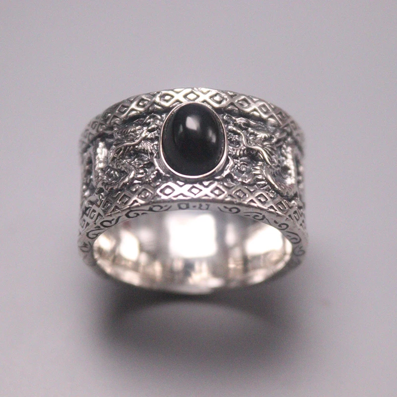 

Solid S925 Sterling Silver Ring Men Luck Black Oval Agate Dragon Ring 14mmW US8-12 Best Gift