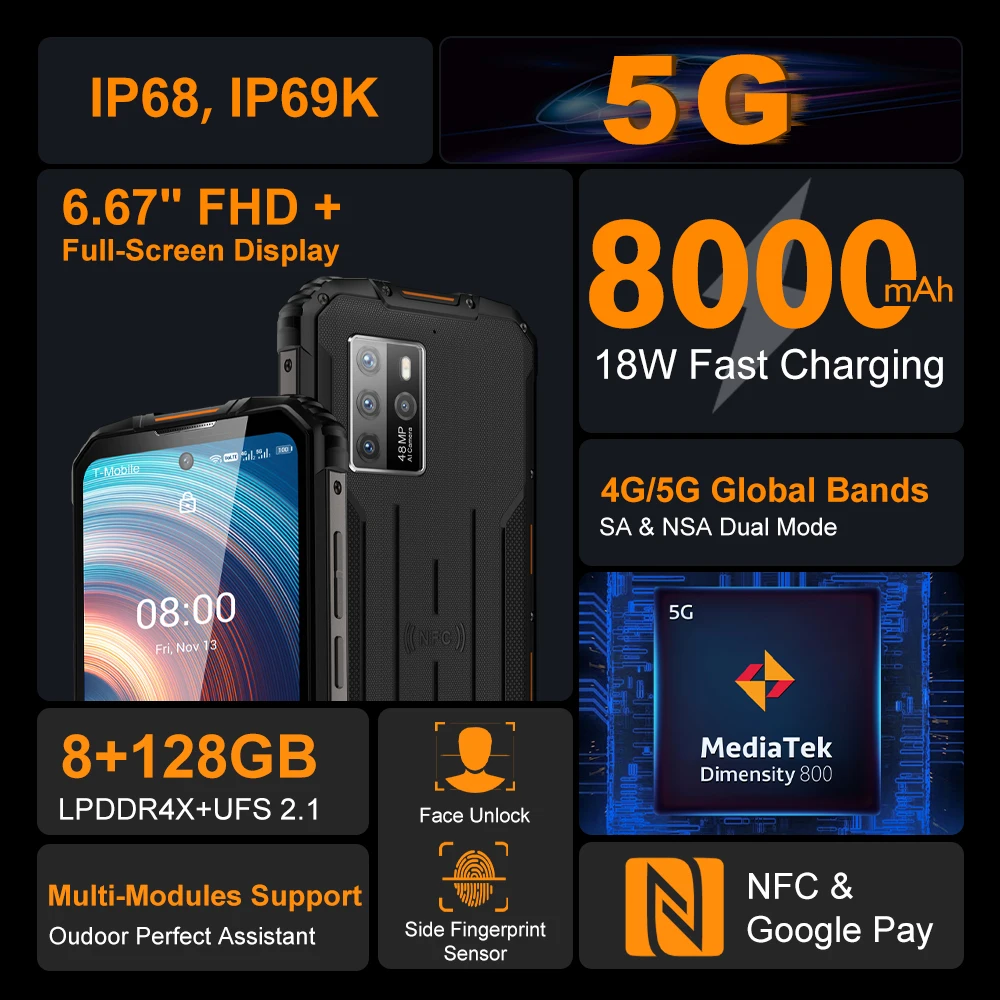 OUKITEL WP10 5G прочный смартфон глобальная Версия 8 ГБ + 128 8000 мАч Мобильный телефон 6 67