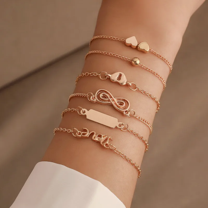 6 шт. хит продаж Модный женский комплект золотых браслетов в форме сердца с