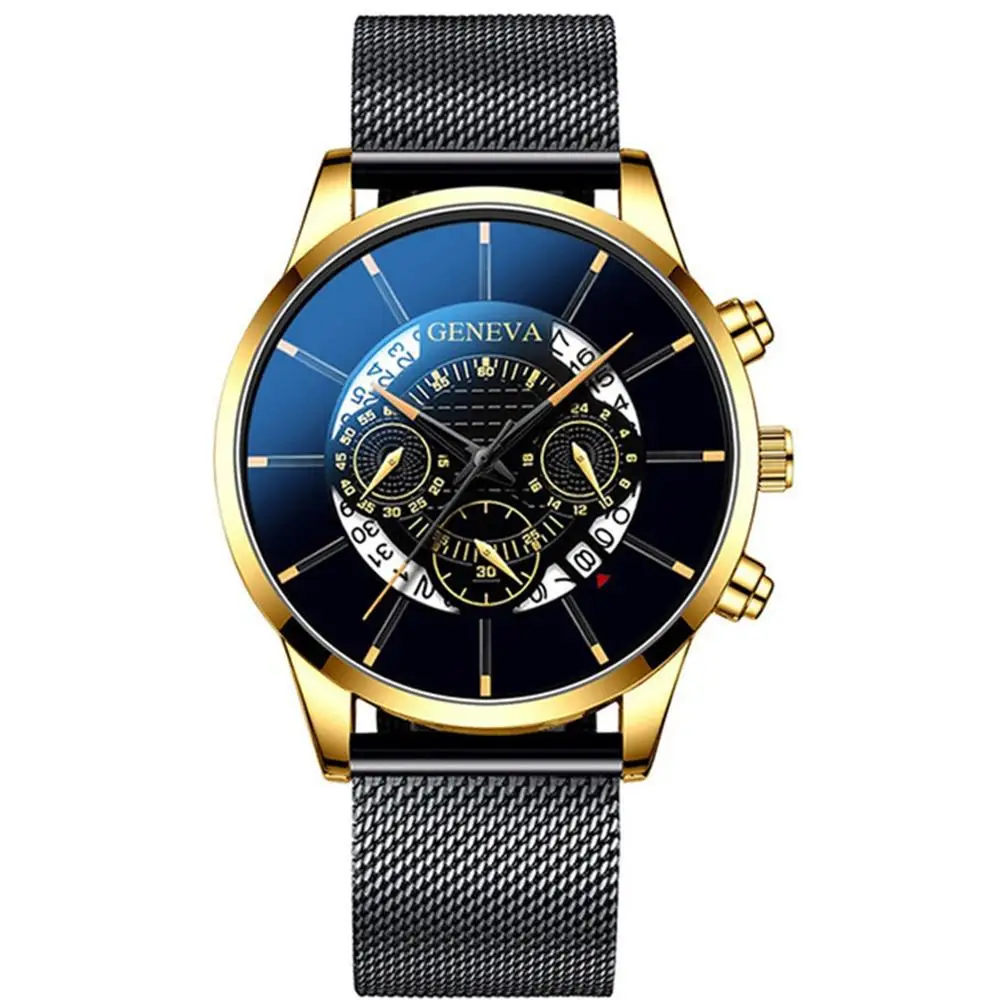 2020 Fashion Mens Business Casual Date Calendar Watches Luxury Blue Stainless Steel Mesh Belt Quartz Watch for Man Clock | Наручные часы