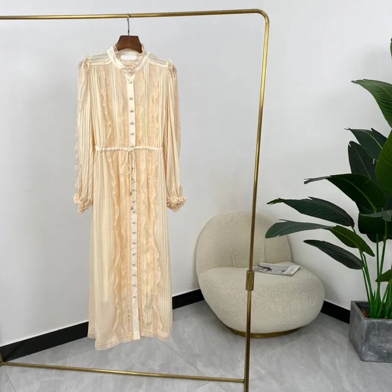 

Женское однобортное плиссированное платье, бежевое платье до середины икры с длинным рукавом и цветочным узором, осень 2021