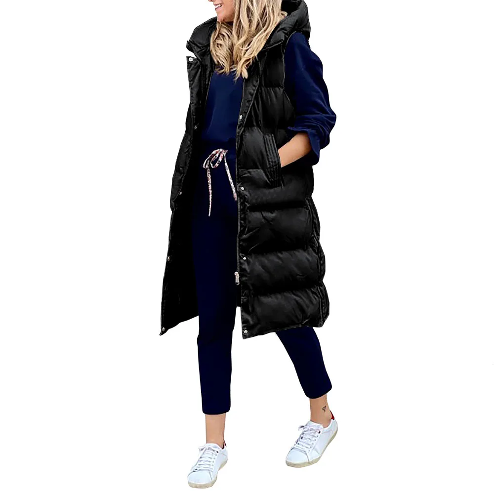 Women's Winter Solid Color Hooded Long Jacket Vest Casual Fashion Slim Single-breasted Sleeveless Stand Collar Jacket Warm Vest