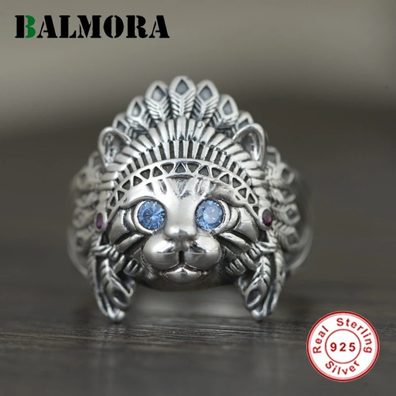 BALMORA 925 الفضة الهندي القط طوق رأس للرجال النساء ريترو الحيوان فتح قابل للتعديل خاتم بيان الأزرق الزركون العين