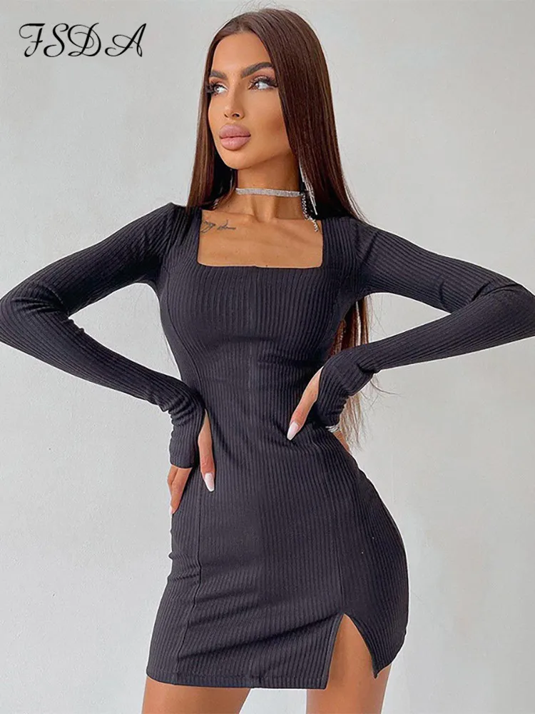

FSDA Autumn Winter Casual Long Sleeve Dress Bodycon Women 2021 Black Mini Sexy Elegant Party Dresses Green Y2K Club