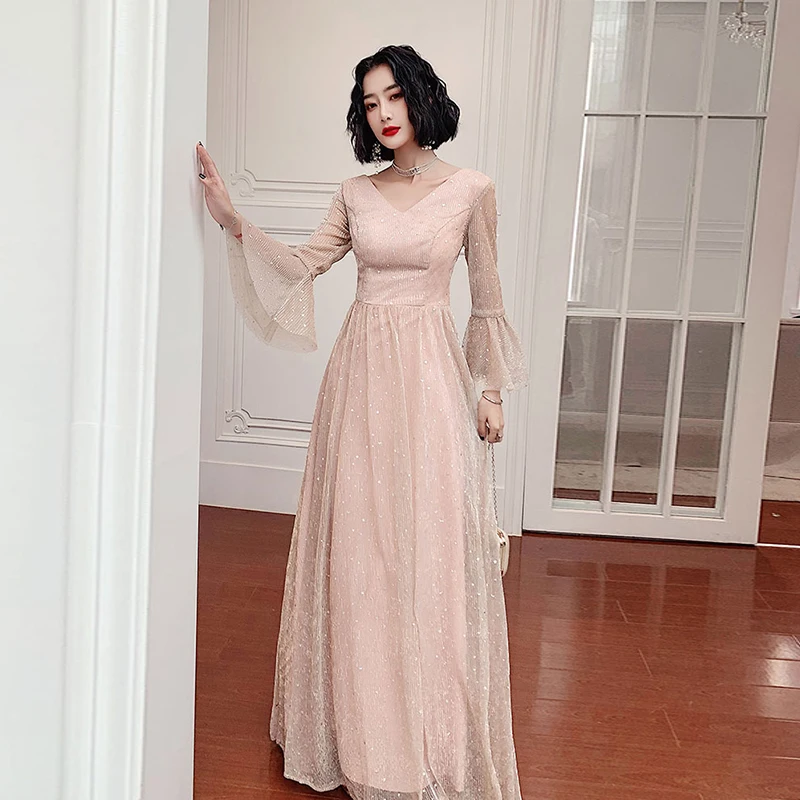 2020 Sexy V Neck Long Prom Dresses Sparkly Pink Tulle Sweet Party Dress Formal Dance Zipper Back | Свадьбы и торжества