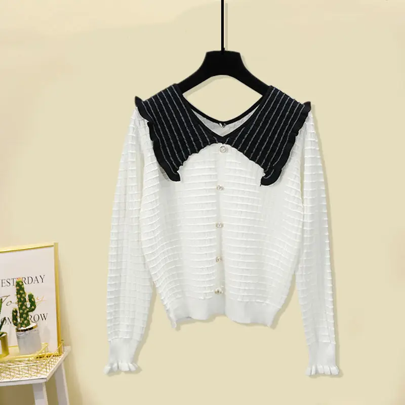 

Women 2021 Autumn New Fashion Two Piece Suits Female Long Sleeve Patchwork Sweater Tops Ladies Long Loose Jeans Sets Q262