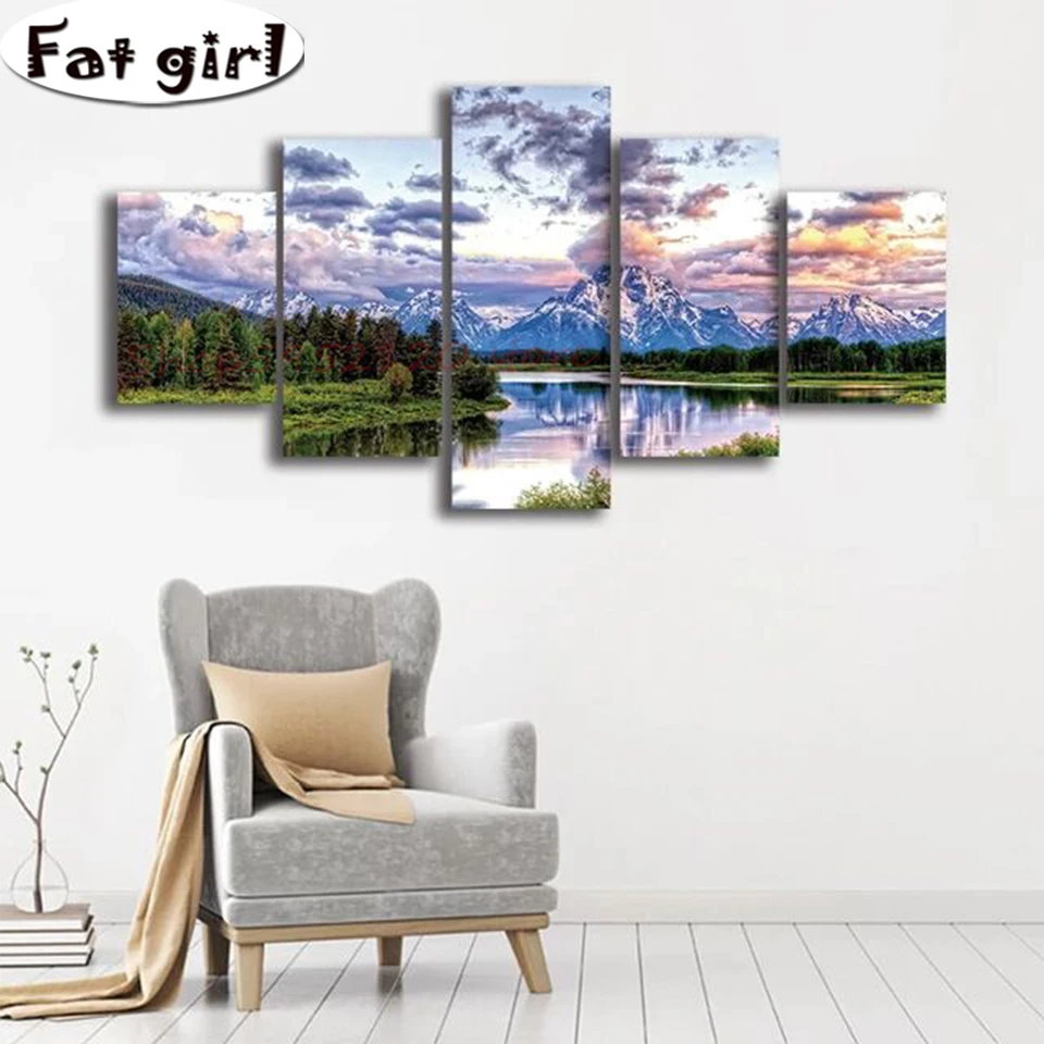 

Diamond Painting Wall Hanging 5 Panel Mountains And Rivers Scenery Diy 5D Cross Stitch Full Square Round Drill Embroidery Mosaic
