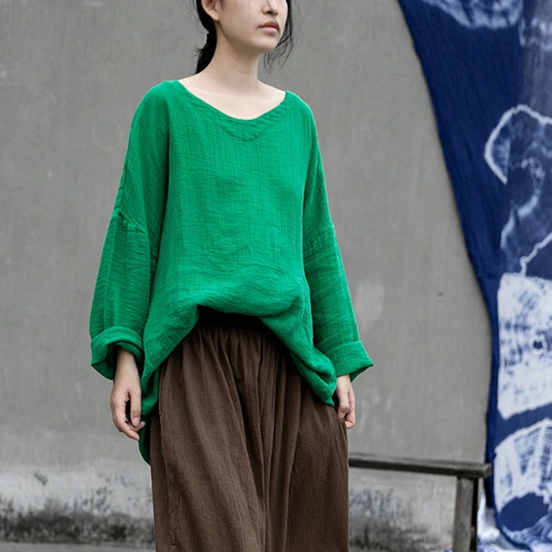 Женские хлопковые льняные футболки Johnature зеленые весенние свободные