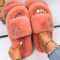 womens slippers fashion orange sandals butterfly decor furry slides fluffy flip flops designer winter slippers platform shoes