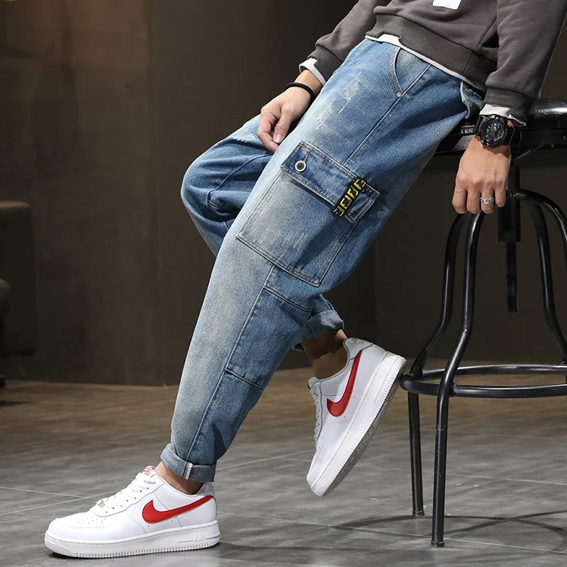 Штаны-шаровары брюки мужские джинсы светильник синий мешковатые человек