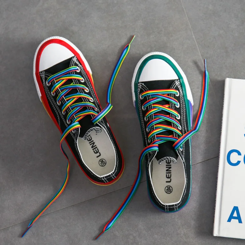 

New Arrival Women Canvas Shoes Fashion Rainbow Shoelaces Lace-up Casual Vulcanize Shoes Woman Sneakers Zapatos Mujer