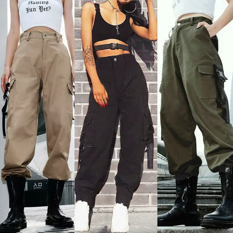 

Women Casual High Waisted Loose Cargo Pants with Pockets Solid Punk Utility Pants Joggers Trousers