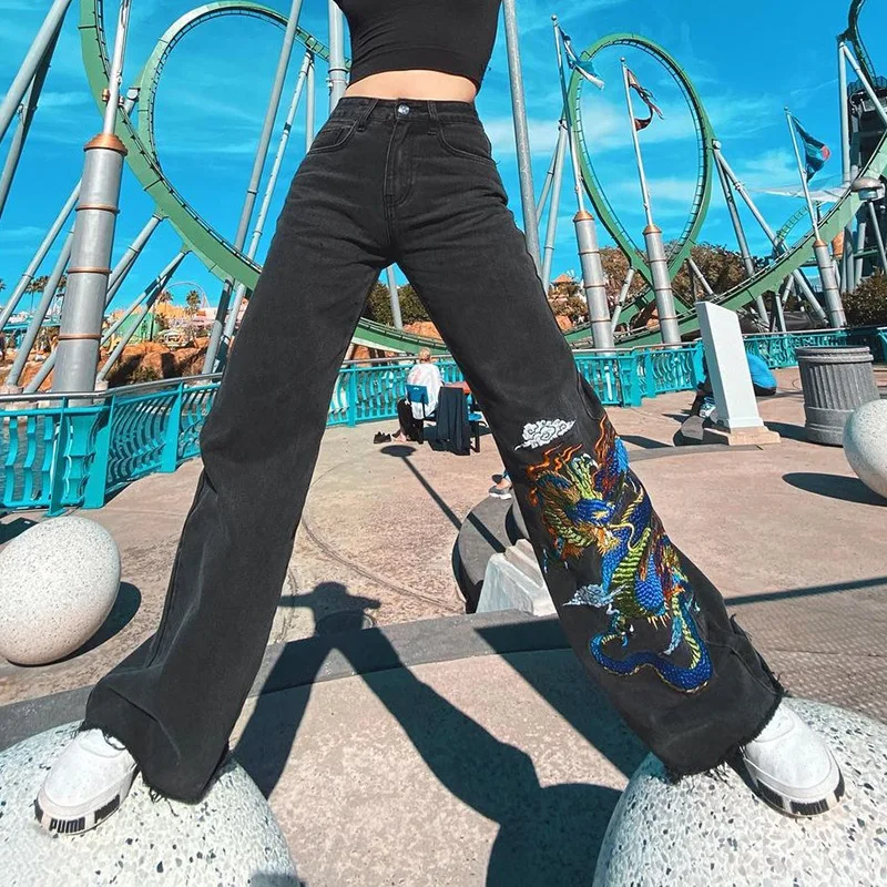 

Colorful Embroidered Pattern Jeans Women High Waist Straight Streetwear Denim Trousers Lady Office Lady Black Casual Denim Pants